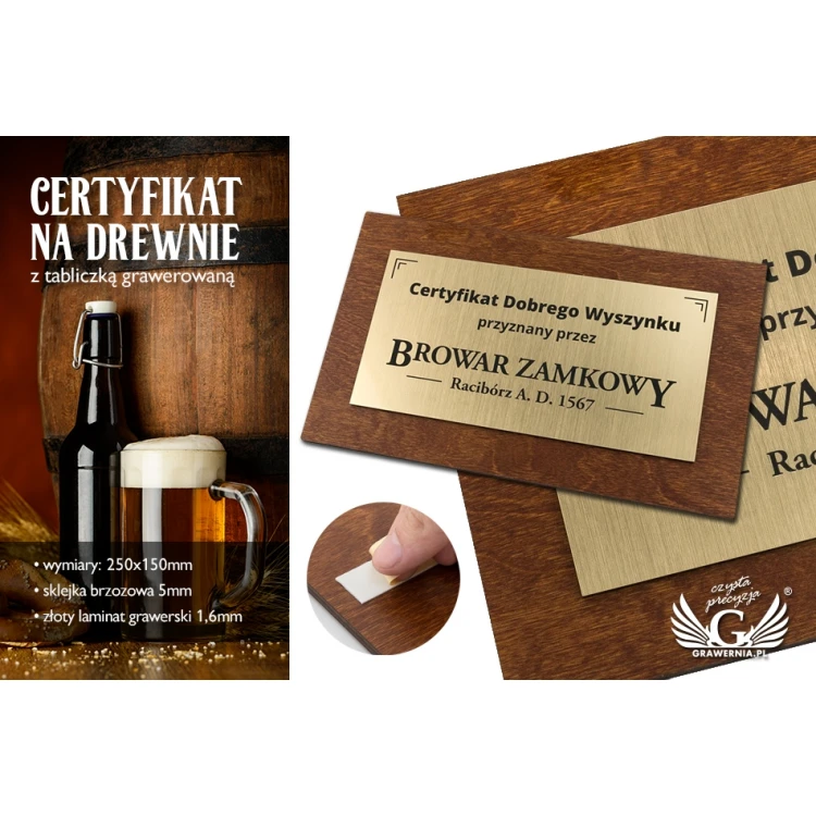 Drewniany certyfikat pamiątkowy z tabliczką grawerowaną - wymiary: 250x150mm - TAB104