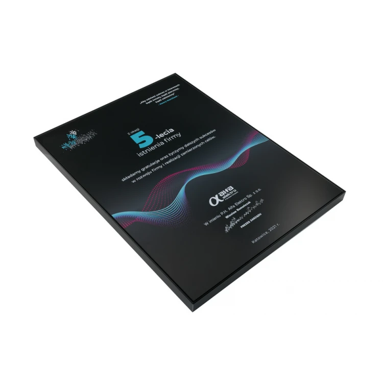 Dyplom szklany jubileuszowy exclusive black glass - wymiary: 400x300mm - DUV058