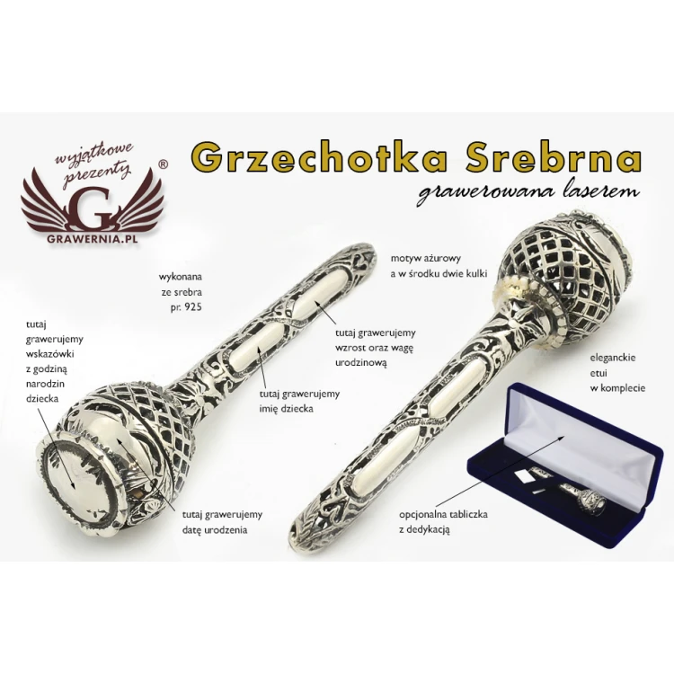 Grzechotka srebrna w welurowym pudełku z dedykacją - Pamiątka Chrztu Świętego - SRB014