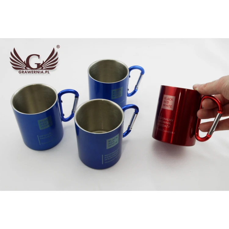 Kubek stalowy z karabińczykiem z grawerem  - CAMP - poj. 280 ml - 3 kolory do wyboru 