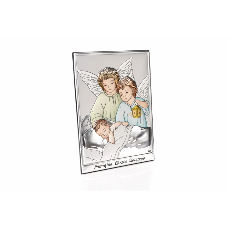 Obrazek srebrny Aniołki z latarenką nad dzieckiem 10x14cm - DS09/2C 