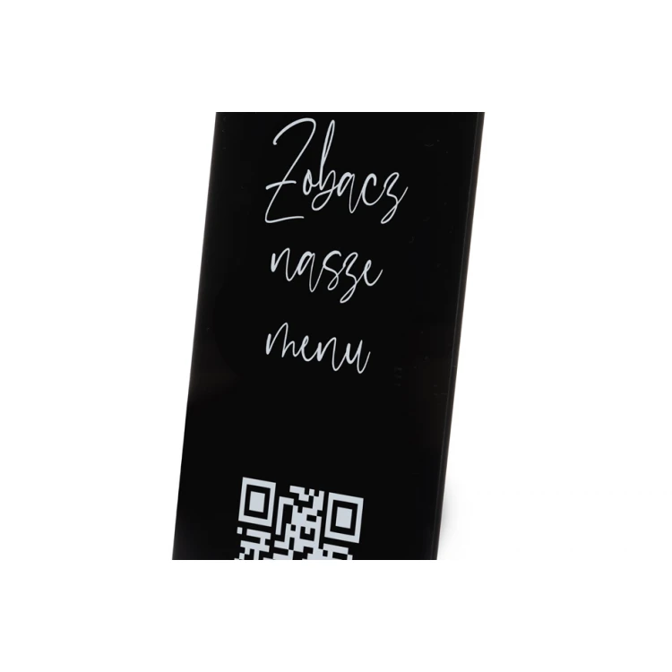 Stojak informacyjny z kodem QR - czarna plexi na drewnianym postumencie - ST030