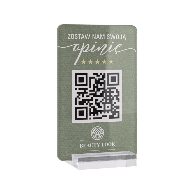 Stojak informacyjny z kodem QR - akryl transparentny z nadrukiem UV - wym. 55x95mm - ST076