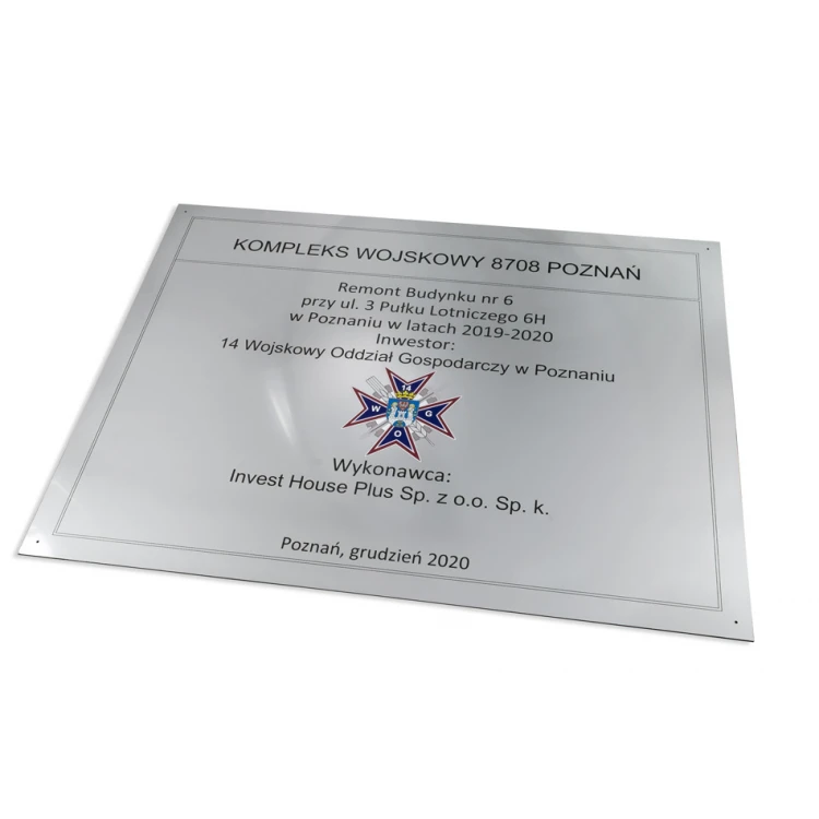Szyld informacyjny DIBOND MAT srebrny 3mm - druk UV - wym. 800x600mm - SZUV020