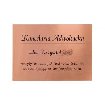 Szyld Kancelaria Adwokacka - druk UV - miedź 0,5mm - SZ136 - wym. 420x300mm