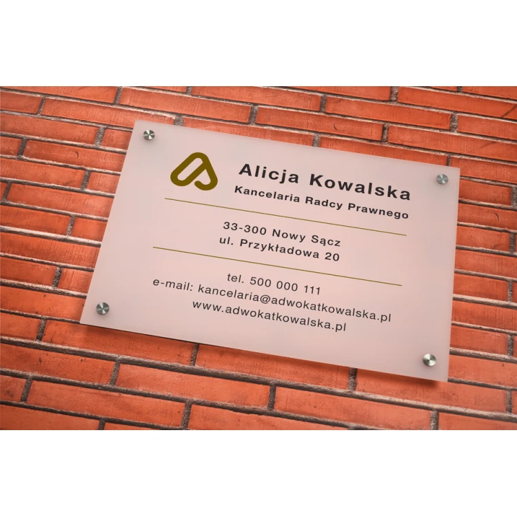 Szyld Kancelaria Radcy Prawnego z pleksi gr. 3mm - druk UV - plexi biała frost półtransparentna - SZ154 - wym. 420x297mm (A3)