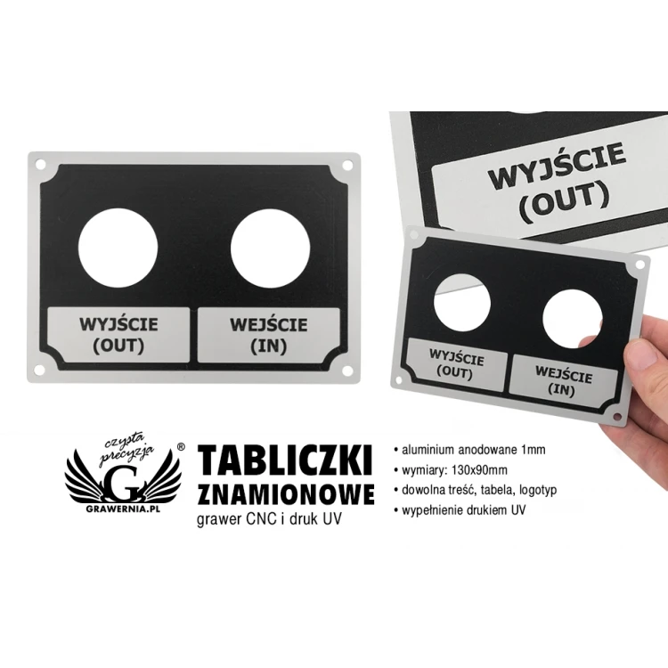 Tabliczka znamionowa ze srebrnego aluminium - grawer CNC i druk UV - wymiary: 130x90mm - TZN036