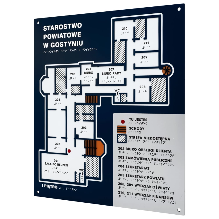 Plan tyflograficzny z pismem Braille'a - PVC twarde, tworzywo ADA, laminat i akryl - wym. 450x520 mm - TAB677