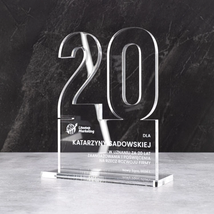 Statuetka jubileuszowa 20-lecie firmy - akryl gr. 10mm - wys. 20 cm - DTA125