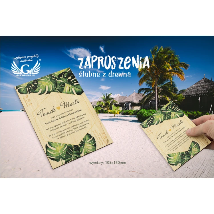 Zaproszenia ślubne z drewna - tropikalne - cyfrowy druk UV - ZAP043